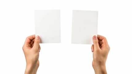 Fototapeta premium male hand holding two blank sheets of paper isolated on white versatile mockup image