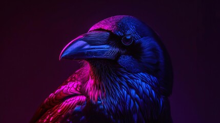 Fototapeta premium mystical closeup portrait of black crow with luminous feathers glowing in neon light against dark background surreal bird art