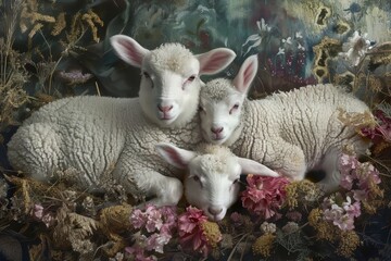 Easter art with 3 lambs. Sheep. Happy easter