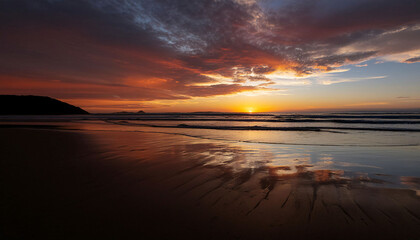 Obraz premium A fiery sunset, its vivid hues reflecting across a calm, mirror-like ocean, with gently sway