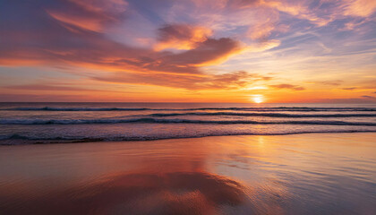 A fiery sunset, its vivid hues reflecting across a calm, mirror-like ocean, with gently sway