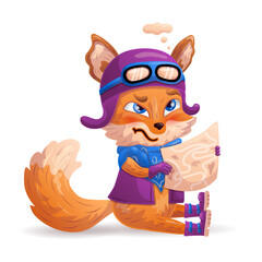 Fototapeta premium Funny cartoon fox as a biker, racer, mechanic sits and looks at the map. Vector illustration.
