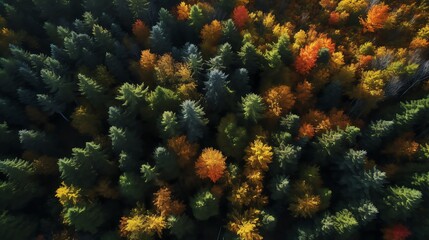 Drone shot over a lush green forest during autumn, highlighting the vivid colors and dense canopy, offering a breathtaking natural perspective.