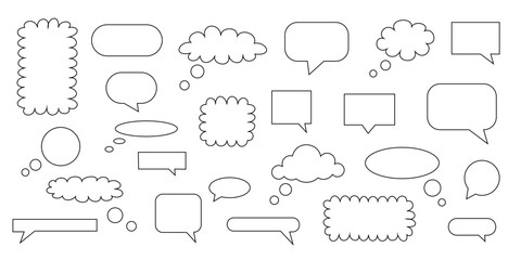Black and white collection of hand drawn speech bubble doodle set design
