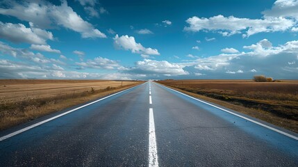 Naklejka premium An empty road leading into the distance, with clouds in the sky and fields on both sides. Creating a sense of calmness and focus.