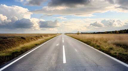Naklejka premium An empty road leading into the distance, with clouds in the sky and fields on both sides. Creating a sense of calmness and focus.
