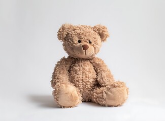 photo of cute brown teddy bear sitting on white background isolated