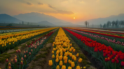field of tulips in spring flowers AI generated 