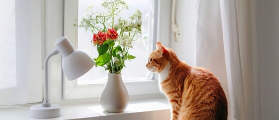 Adorable red cat, flower arrangement in a ceramic vase and a white metal table lamp on a white table. Minimalism style interior decor