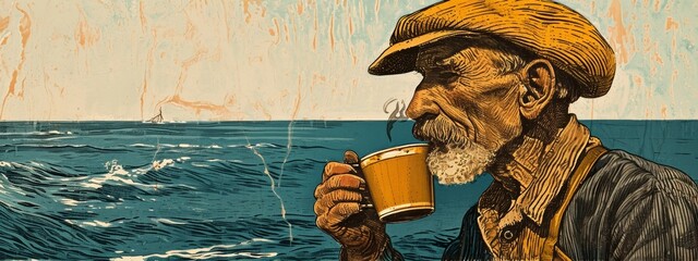 blockprint, 1900 fisherman, new england, drinking coffee, by the ocean