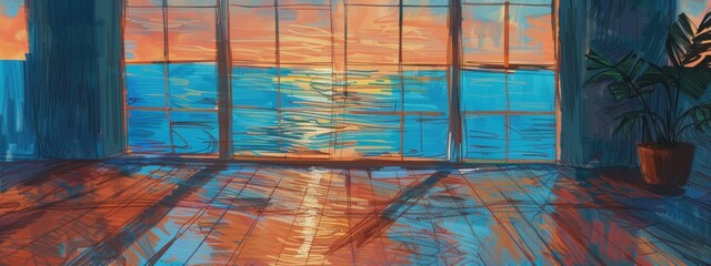 Colorful pencil sketch window in background overlooking the ocean