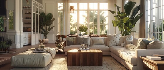 Computer generated image of living room. Architectural Visualization. 3D rendering.