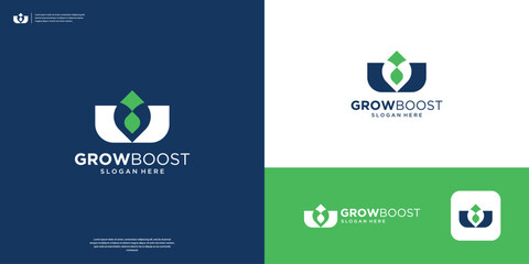 Leaf growth logo design template.