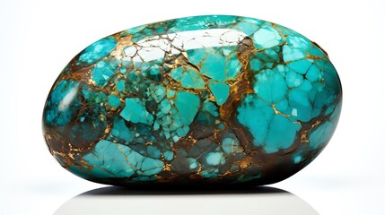 Turquoise stone with its unique blue-green hues and intricate veining, displayed prominently against an isolated white background, emphasizing its rarity and value in jewelry.
