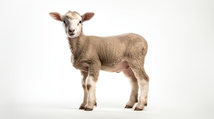 Fototapeta premium Young lamb standing in a relaxed pose, photographed against an isolated white background, showcasing its innocence and soft wool texture.