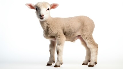 Obraz premium Young lamb standing in a relaxed pose, photographed against an isolated white background, showcasing its innocence and soft wool texture.