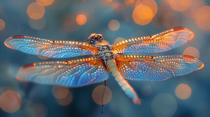 Capture the delicate intricacies of a dragonfly's wing, its translucent membrane shimmering with iridescent hues in the dappled sunlight.