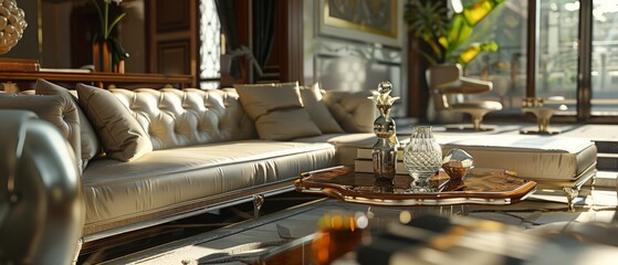 Digitally generated stylish and luxurious living room interior design. The scene was rendered