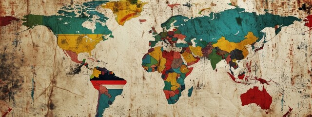 old worn color less flat map of the world