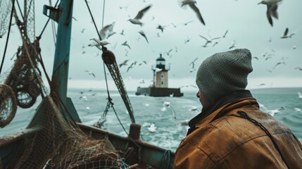 gloucester fisherman on trawler, seagulls above, lighthouse in the distance