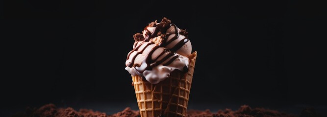 A close up of a single ice cream cone with chocolate topping and sprinkles on a dark background.