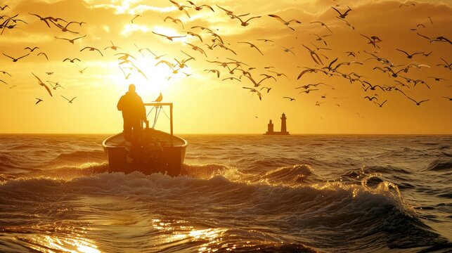 gloucester fisherman on trawler, seagulls above, lighthouse in the distance