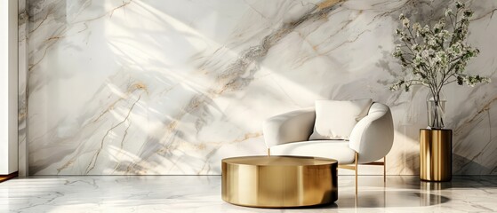 Interior of modern living room with brass coffee table and white armchair, empty marble wall. Room with column. Home design. 3d rendering