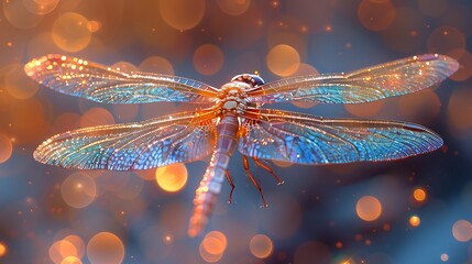 Capture the delicate intricacies of a dragonfly's wing, its translucent membrane shimmering with iridescent hues in the dappled sunlight.