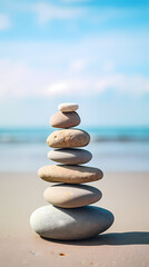 Fototapeta na wymiar A balanced stone tower on the beach