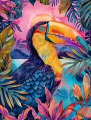 Naklejka premium Vibrant toucan among tropical foliage - A colorful illustration of a toucan surrounded by lush tropical leaves with a warm-toned backdrop