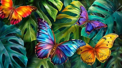 Butterflies with iridescent wings among foliage - A dazzling display of butterflies with striking iridescent wings gracefully perched on lively green foliage
