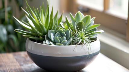 A contemporary vase filled with a mix of succulents and air plants, adding a touch of greenery to a modern interior.