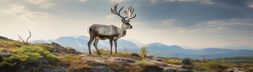 A majestic reindeer stands on a rocky hilltop, surveying the vast mountain landscape before it.