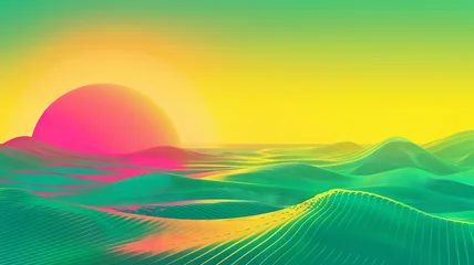  Vibrant sunset over rolling neon hills - A digital art image depicting a surreal neon landscape with rolling hills under a large vibrant sunset © Tida