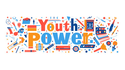 Vibrant graphic with "Youth Power" text surrounded by symbols of education, creativity, and technology.