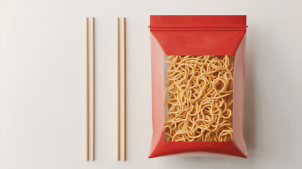 Packaged instant noodles in a red bag next to a pair of wooden chopsticks on a white surface.
