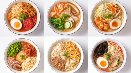 Six bowls of various Asian noodle dishes, each with different toppings and broths.
