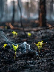 New life emerging from a charred forest floor - A hopeful scene showing young green sprouts emerging from the blackened earth after a forest fire, symbolizing rebirth