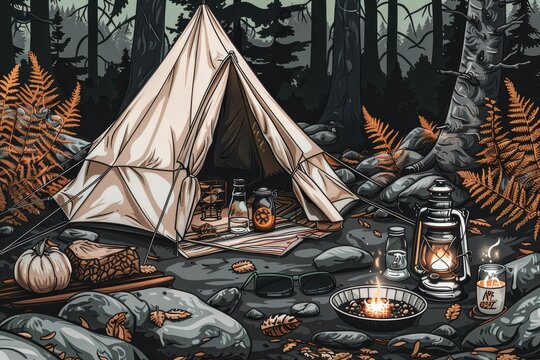A cozy campsite in the woods with a tent, lantern, firewood, and adirondack chairs.