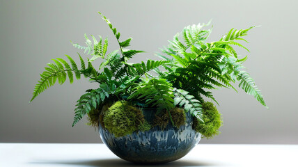 A contemporary vase filled with lush ferns and moss, creating a serene green oasis indoors.