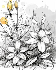 A detailed black and white line drawing of a group of lilies with yellow centers and closed buds. The drawing is done in a realistic style and captures the delicate details of the flowers and leaves.