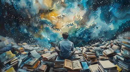 Capture the essence of Long shot Education in a realistic watercolor painting, showcasing a vast landscape of books and pens under a starry night sky