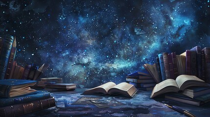 Capture the essence of Long shot Education in a realistic watercolor painting, showcasing a vast landscape of books and pens under a starry night sky - obrazy, fototapety, plakaty