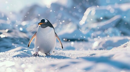 Experience the surprise of a wild penguin frolicking in pristine snow, Stunning 8K close-up captures intricate details. Perfect wildlife wallpaper.