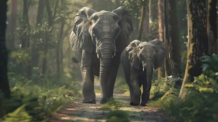 Fototapeta premium Experience the serene beauty of wildlife with our 8K close-up image capturing an elephant and calf in the wild. Perfect for nature lovers and wallpaper enthusiasts seeking tranquility.
