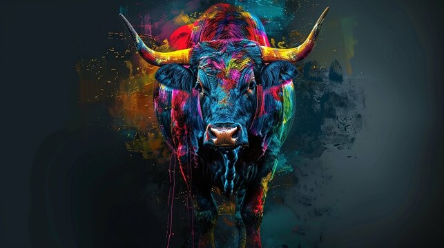 Stunning 4K wallpaper of a multicolored bull against a dark background. Captures the wild essence of this majestic animal, perfect for wildlife enthusiasts