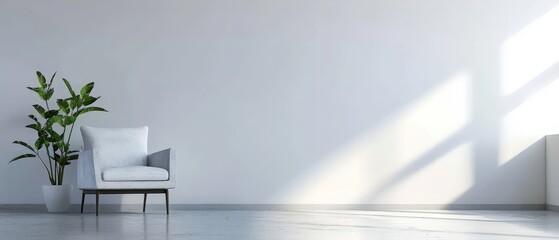 Modern minimalist interior with an armchair on empty white wall background.3D rendering