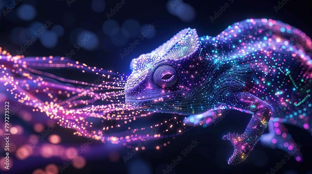 Wall mural digital chameleon in neon colors. big data visualization. information aesthetic design. animal learn