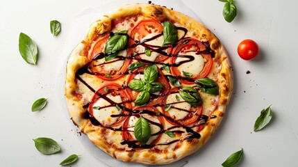 Artistic top view of a gourmet Caprese pizza, adorned with fresh basil and a rich balsamic drizzle, set against a clean, isolated backdrop
