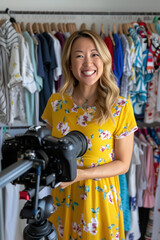 Fashion influencer, lifestyle vlogger and content creator filming clothing haul video.
